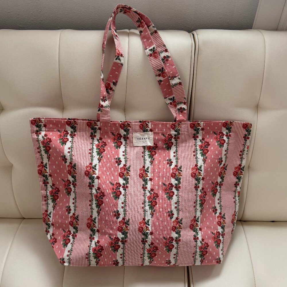 Sézane limited edition English roses pink cottagecore floral striped tote NWOT